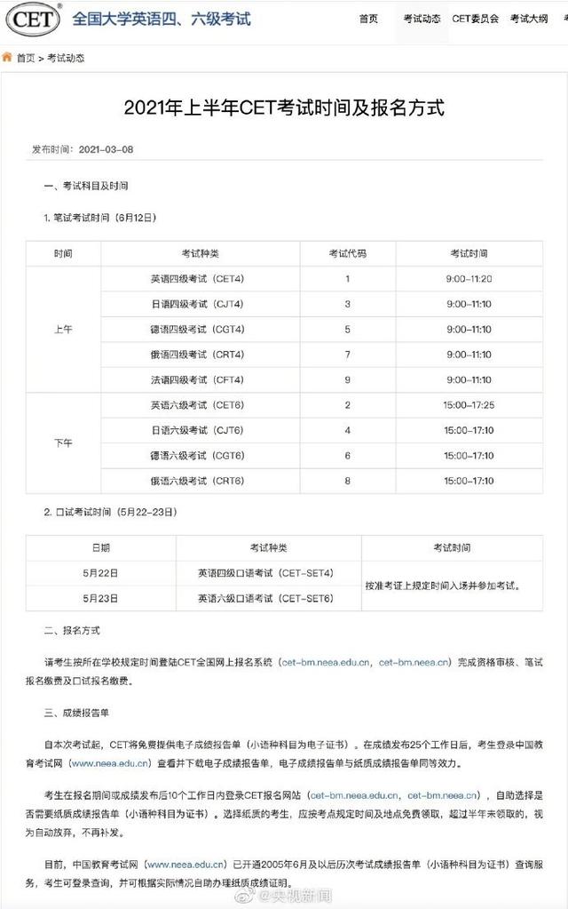 英语六级报名时间2021上半年考试时间_英语6级考试时间2021年上半年报名时间