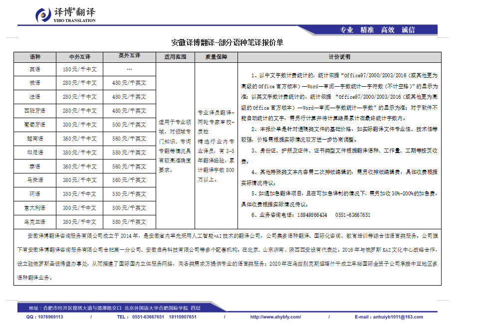 翻译公司收费价格表(翻译公司收费价格表英文)