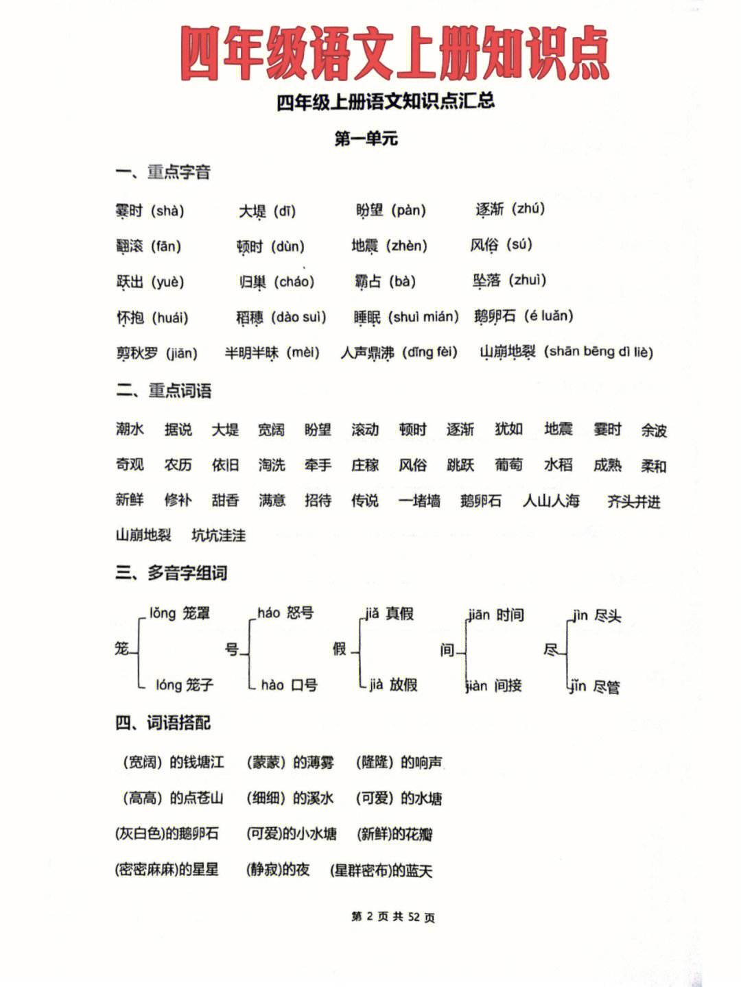 四年级上册语文知识点总结_四年级上册语文知识点总结电子版