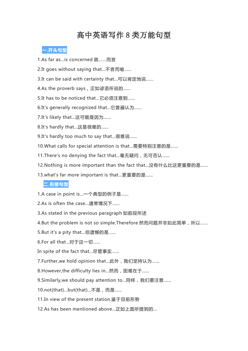 高中英语作文通用的万能句子摘抄(高中英语作文通用的万能句)