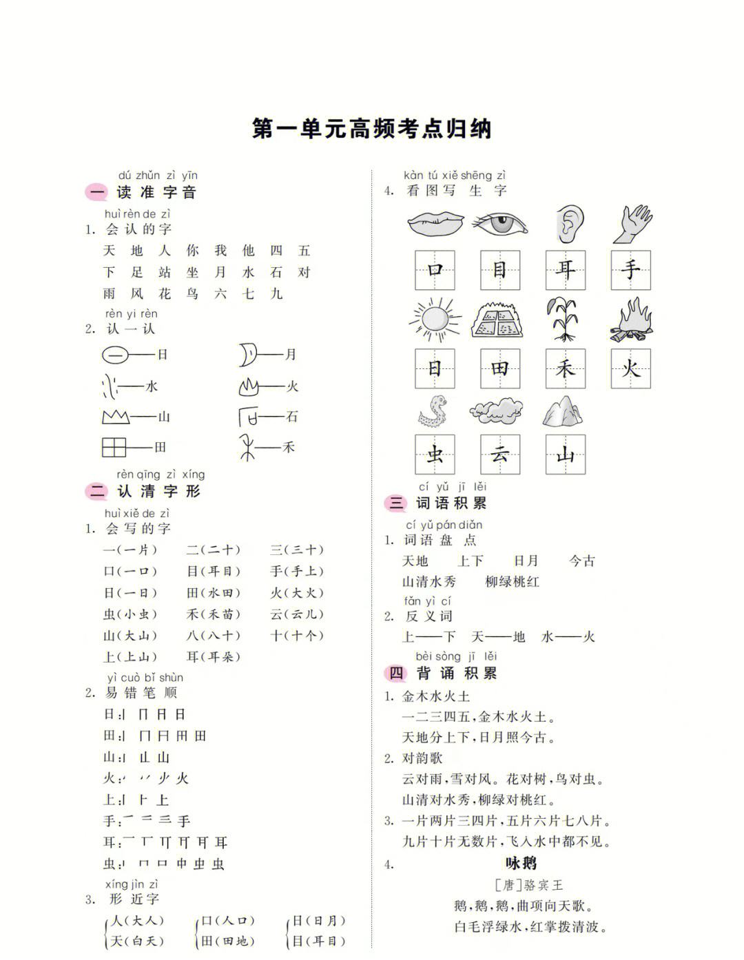 小学一年级上册语文知识点归纳总结_一年级上册语文知识点归纳总结