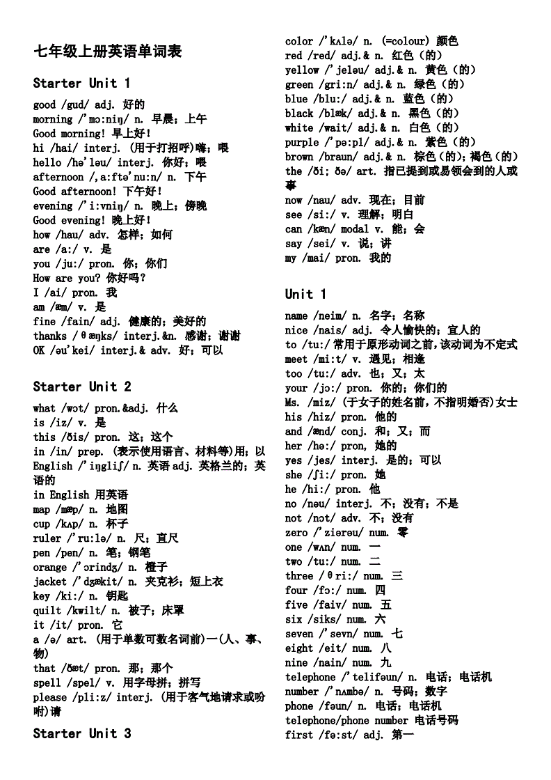 初一英语单词表上册_初一英语单词表