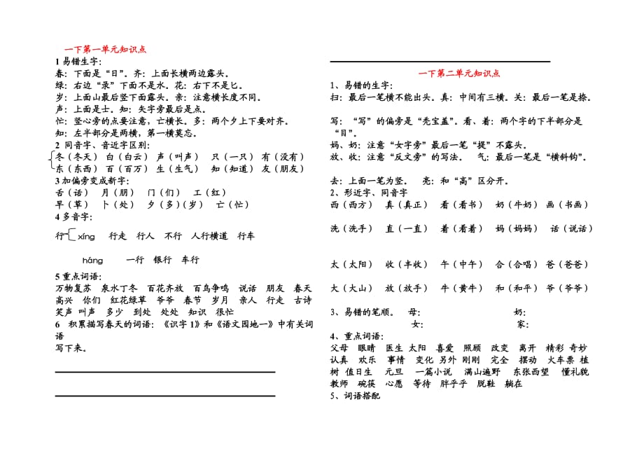 一年级下册语文复习资料(一年级下册语文总复习)