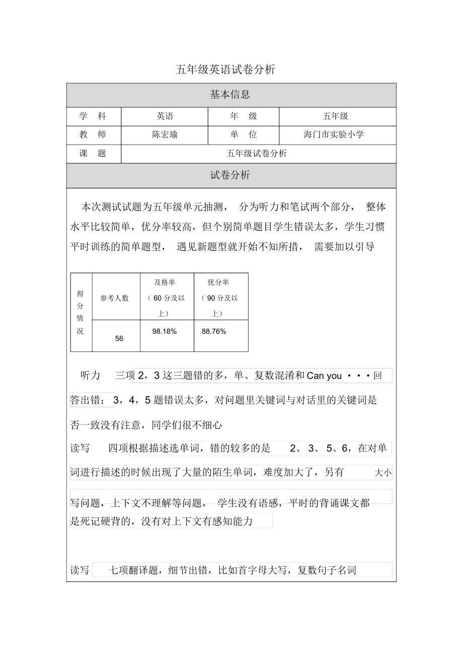 小学英语试卷分析不足(小学英语试卷分析失分原因和改进措施)