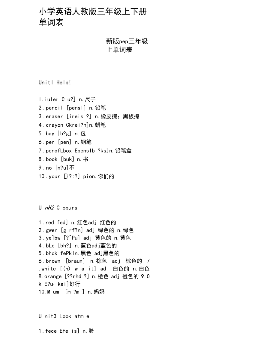 小学英语三年级上册单词表(人教版)_小学英语三年级上册单词表人教版图片