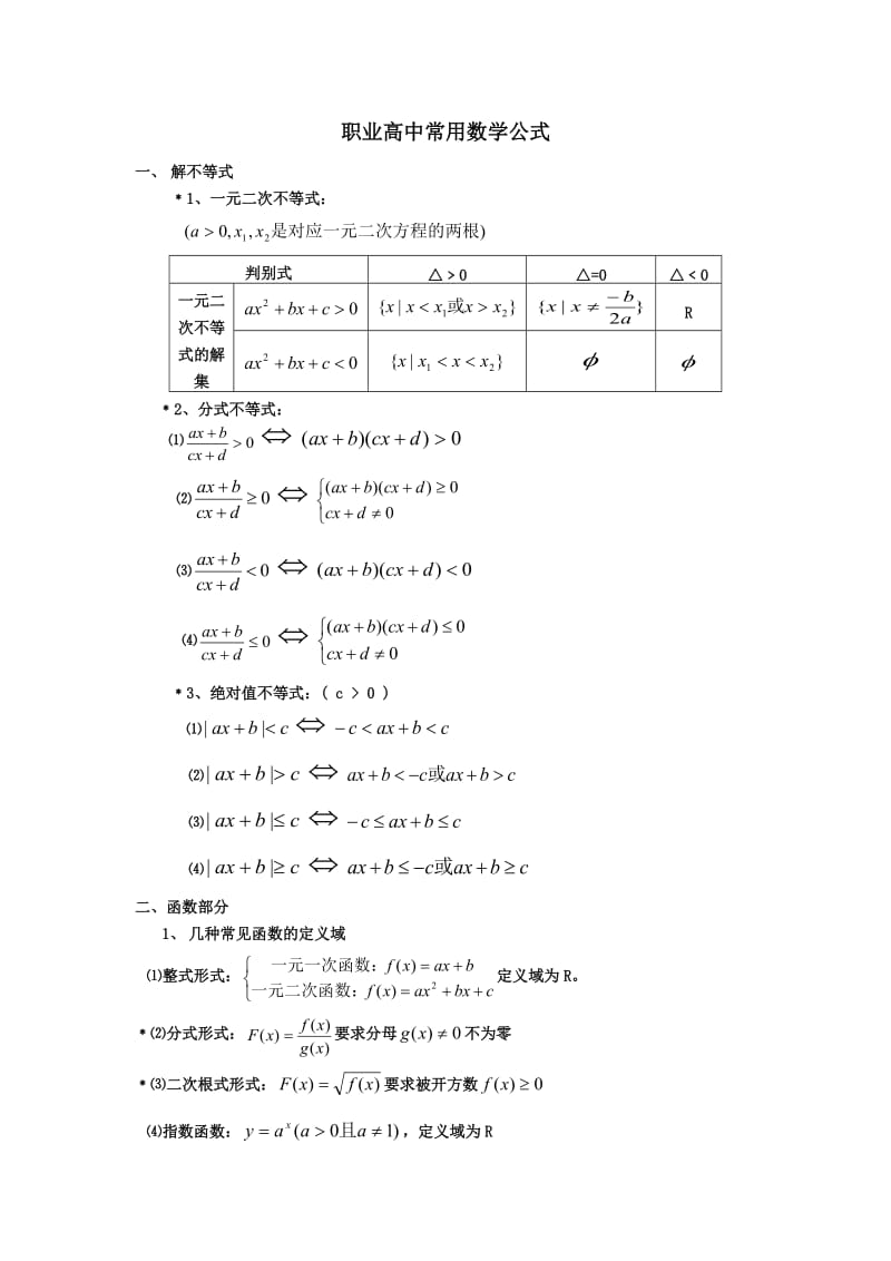 高中常见数学公式(高中数学常用公式汇总及结论)