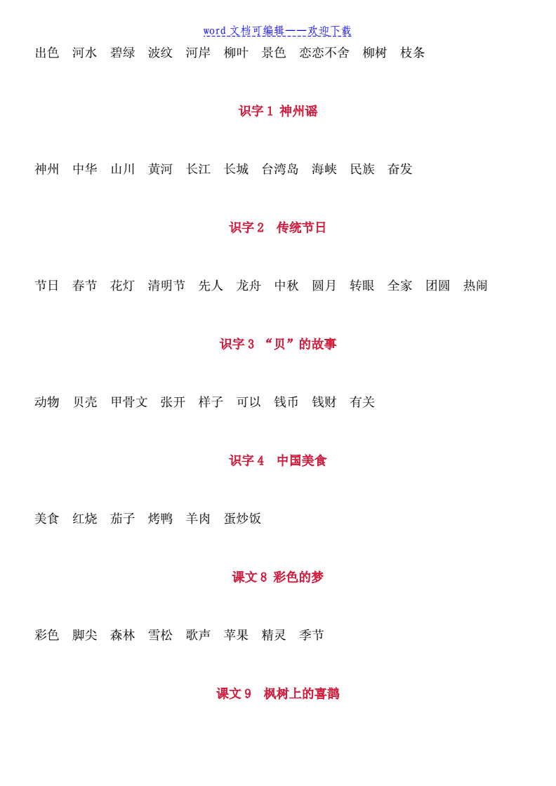 小学语文二年级下册词语表图片_2020年二年级语文下册词语表图片