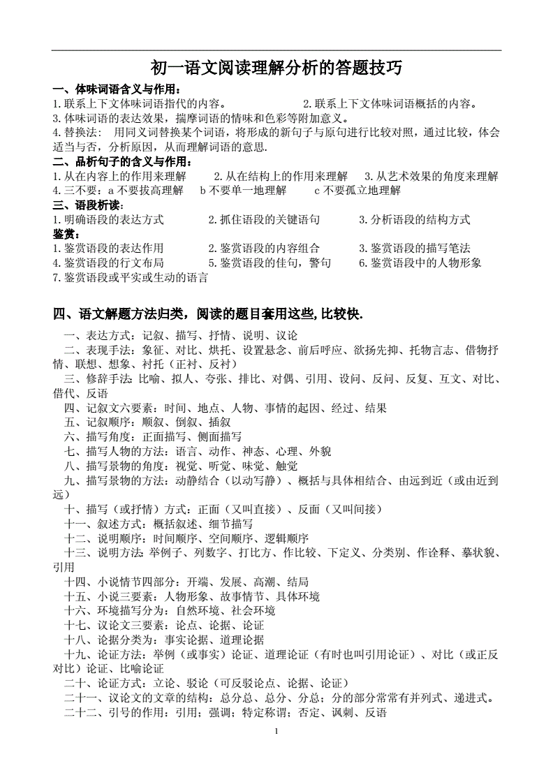 初中语文阅读理解题型技巧总结(初中语文阅读理解题型技巧)