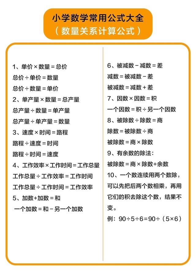 小学数学常用公式大全单位换算表(小学数学常用公式大全)