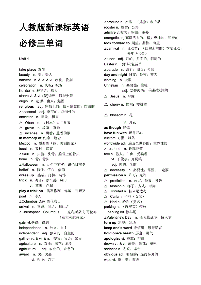 英语高中必修三单词表图片人教版_高中英语必修三单词表照片