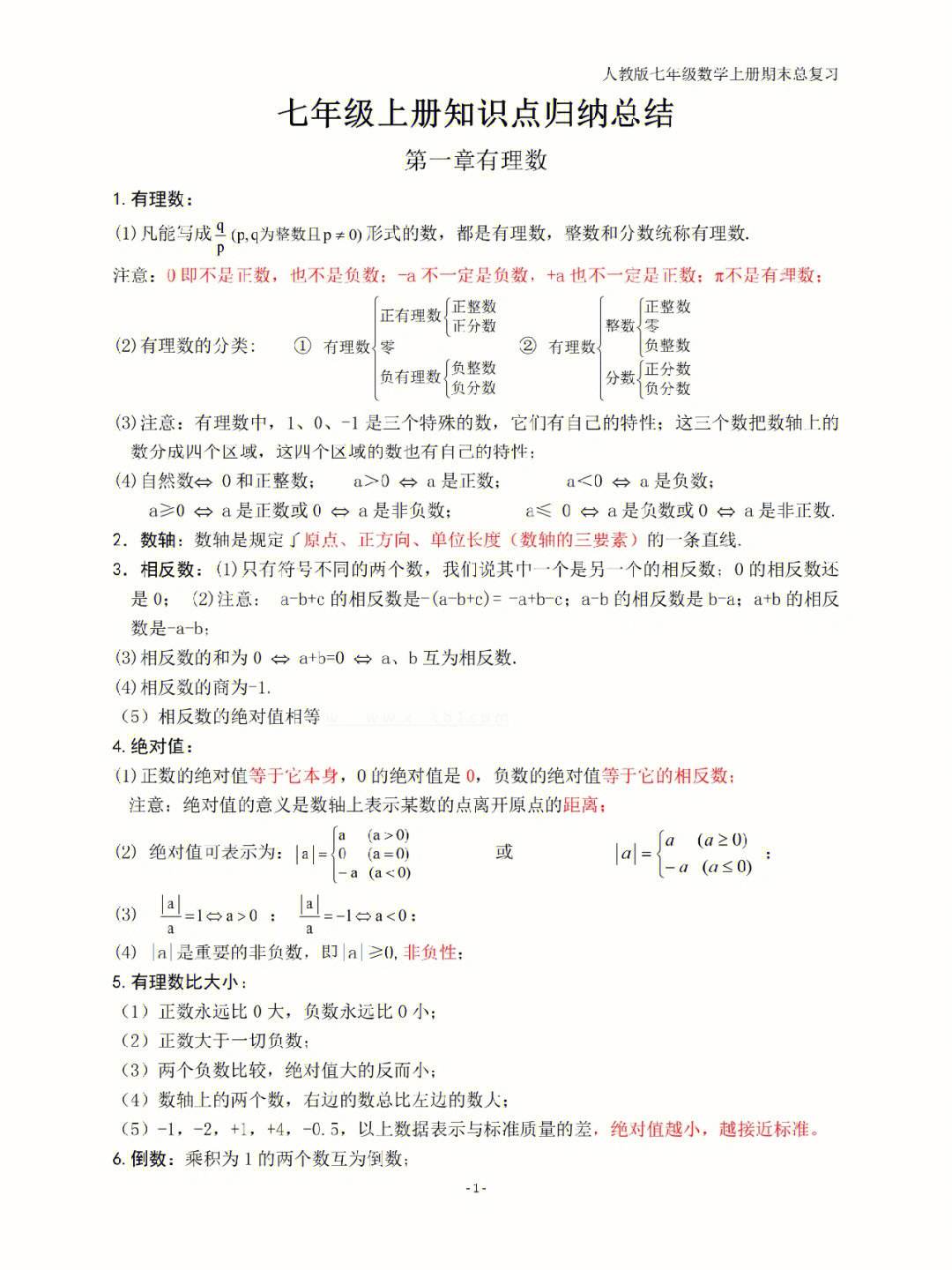 初一数学知识点总结 重点知识归纳整理(初一数学知识点总结归纳(完整版))