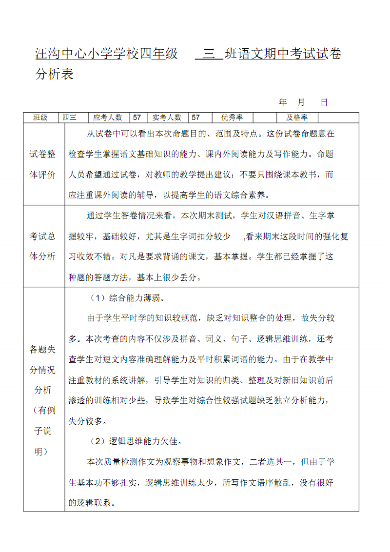 小学语文试卷分析四年级_2020小学四年级语文试卷分析