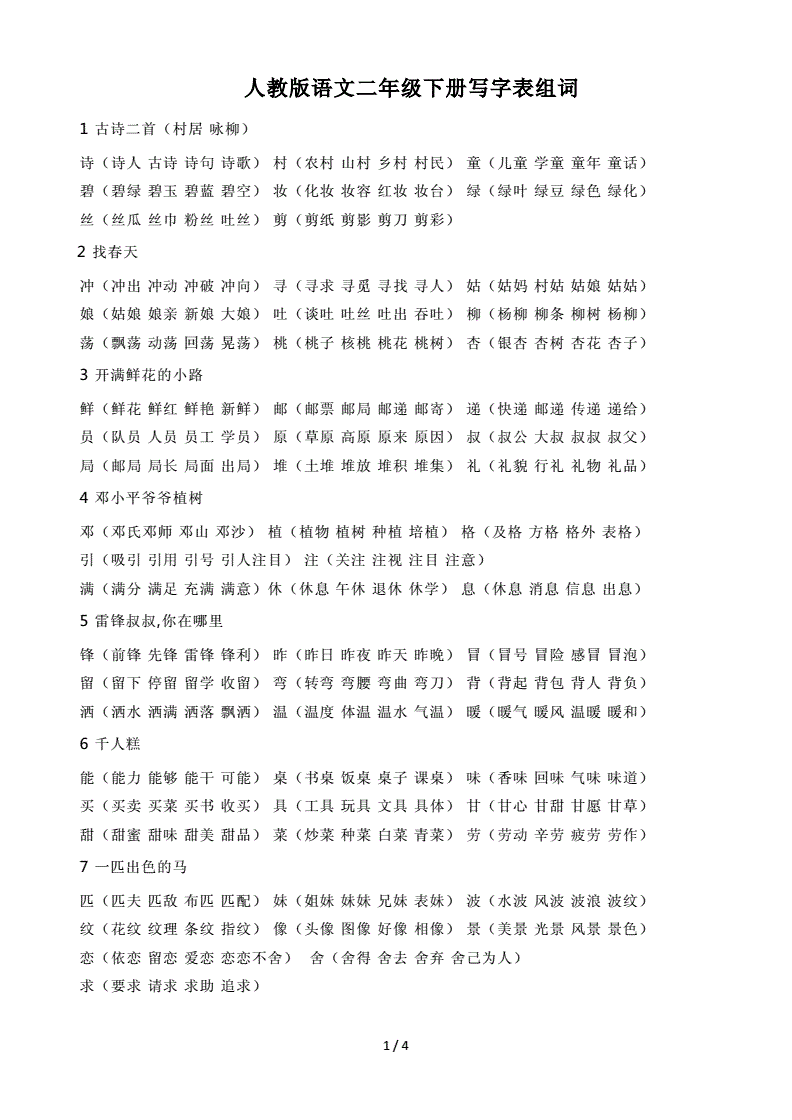 小学语文二年级下册写字表拼音(小学语文二年级下册写字表)