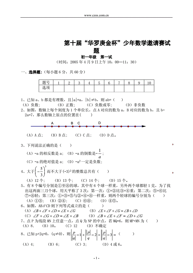 初一数学竞赛题及答案_初一数学竞赛知识点总结