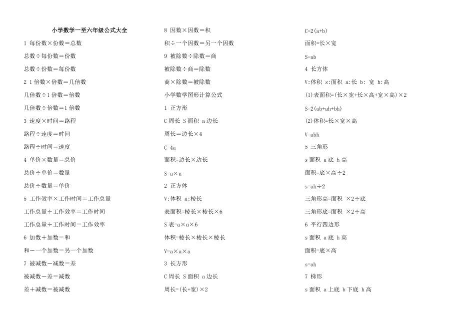 小学数学公式大全1到6年级完整版_小学数学公式大全一到六年级