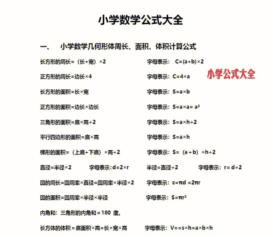 小学数学公式大全_小学六年级数学公式大全