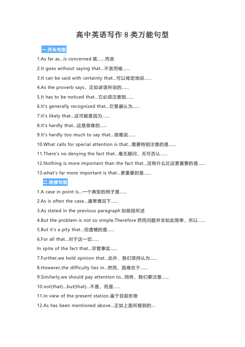 高中英语作文万能句子例句讲解(高中英语作文万能句子例句讲解大全)