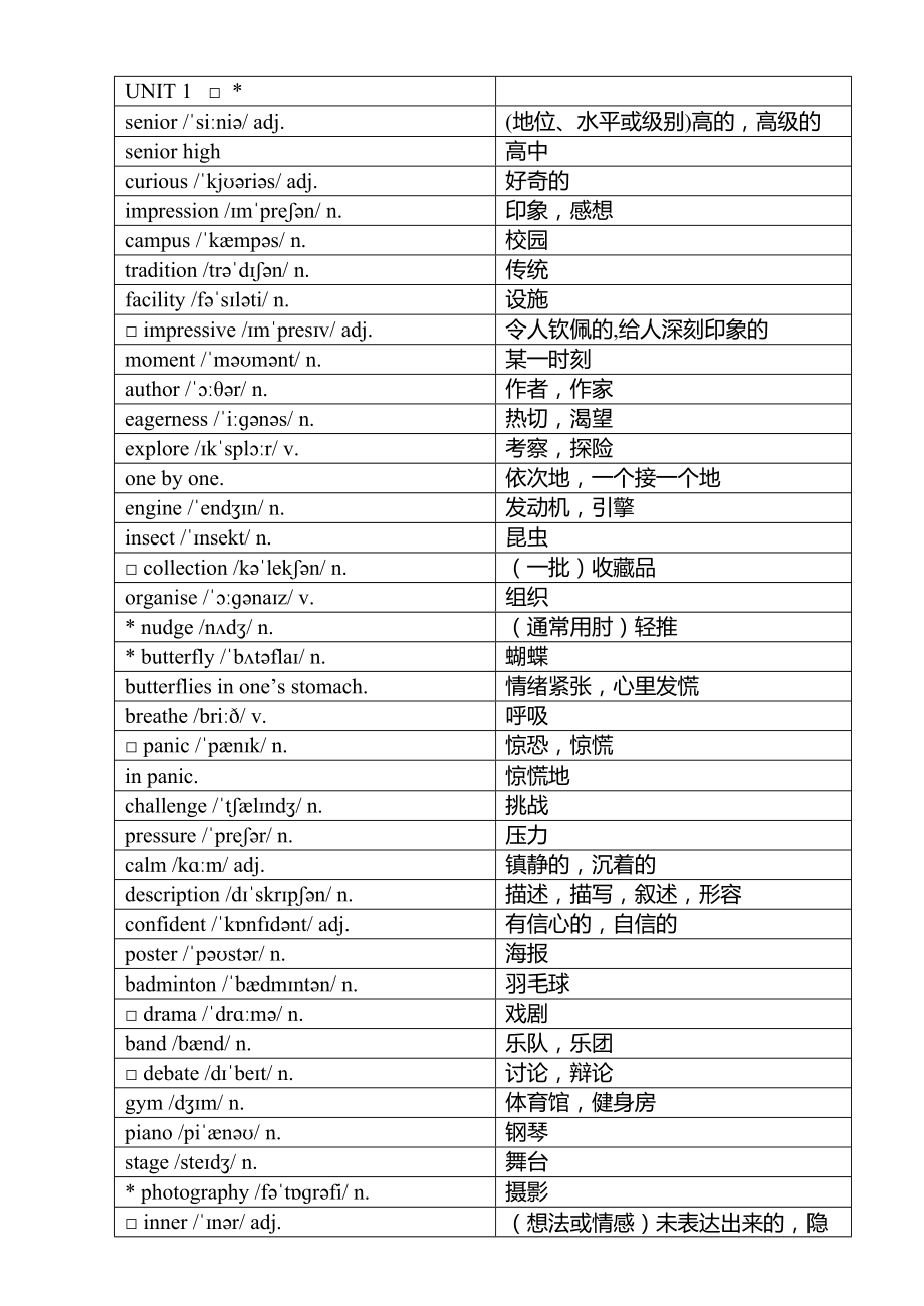 高中英语必修一单词表unit2译林_高中英语必修一单词表u2