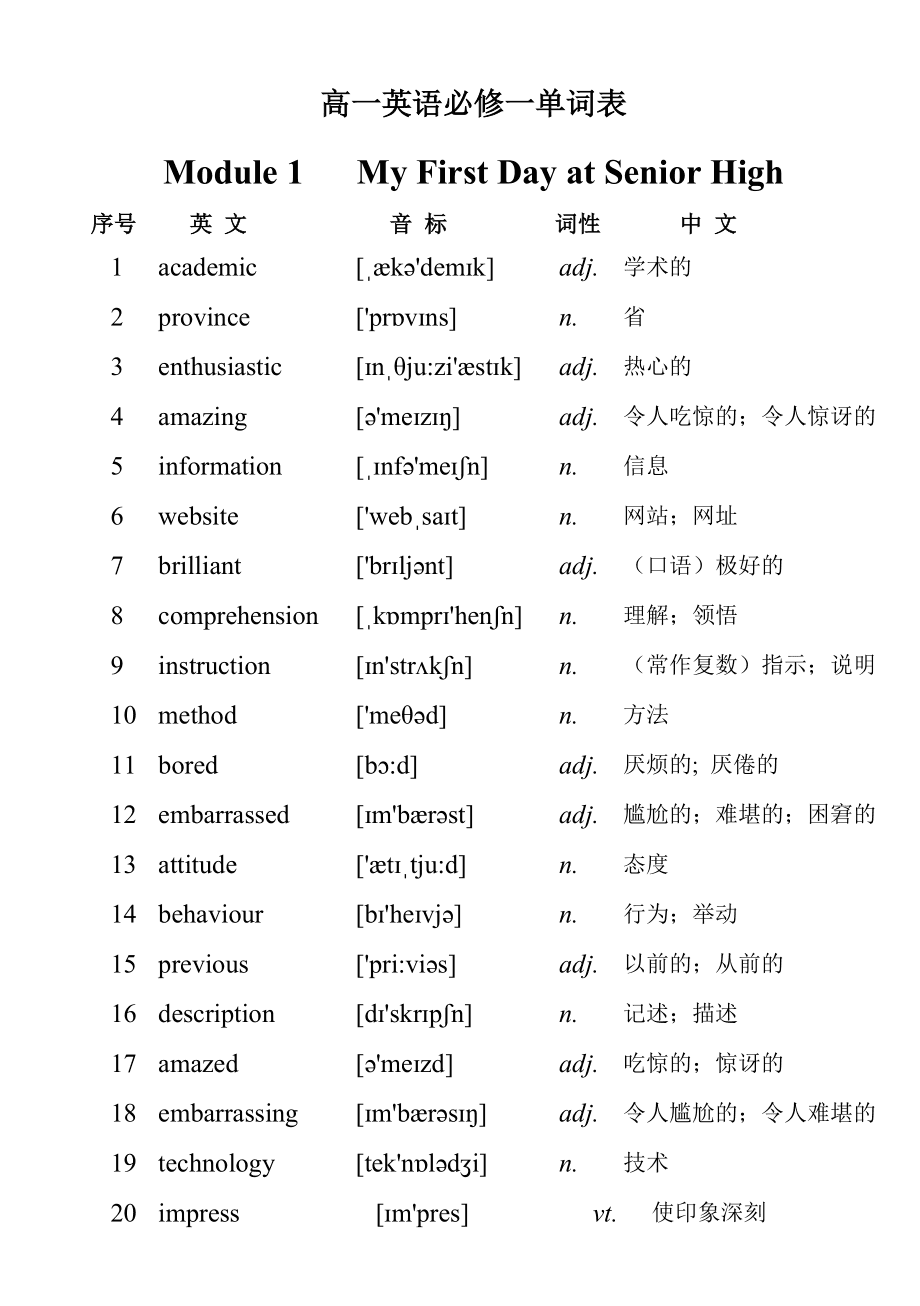 高中英语必修一单词表默写版_高中英语必修一的单词