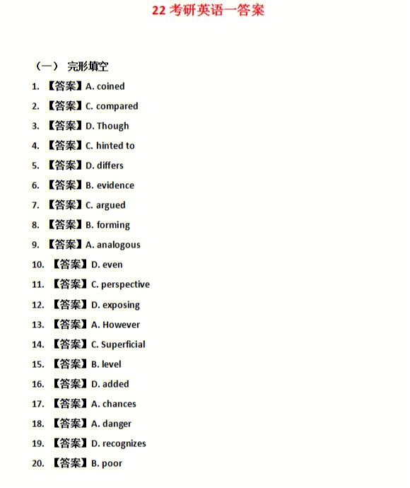 20年考研英语一答案(2024考研英语一真题及答案)