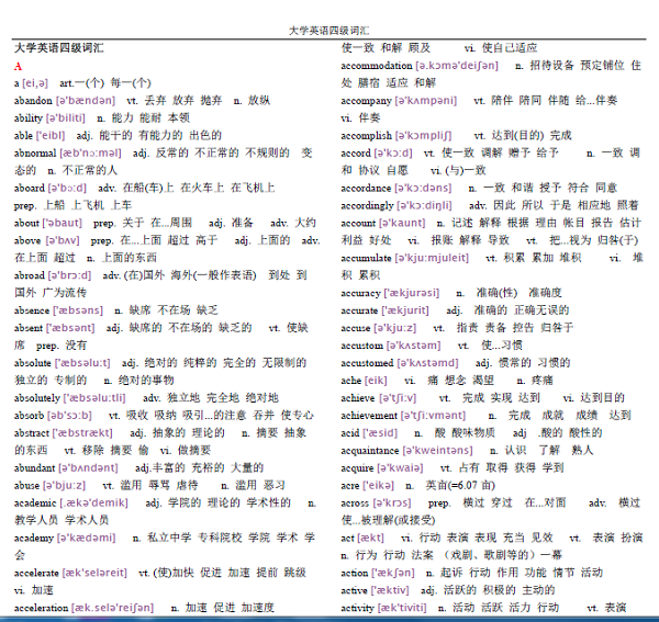 英语四级词汇表完整版_英语四级词汇表完整版百度云